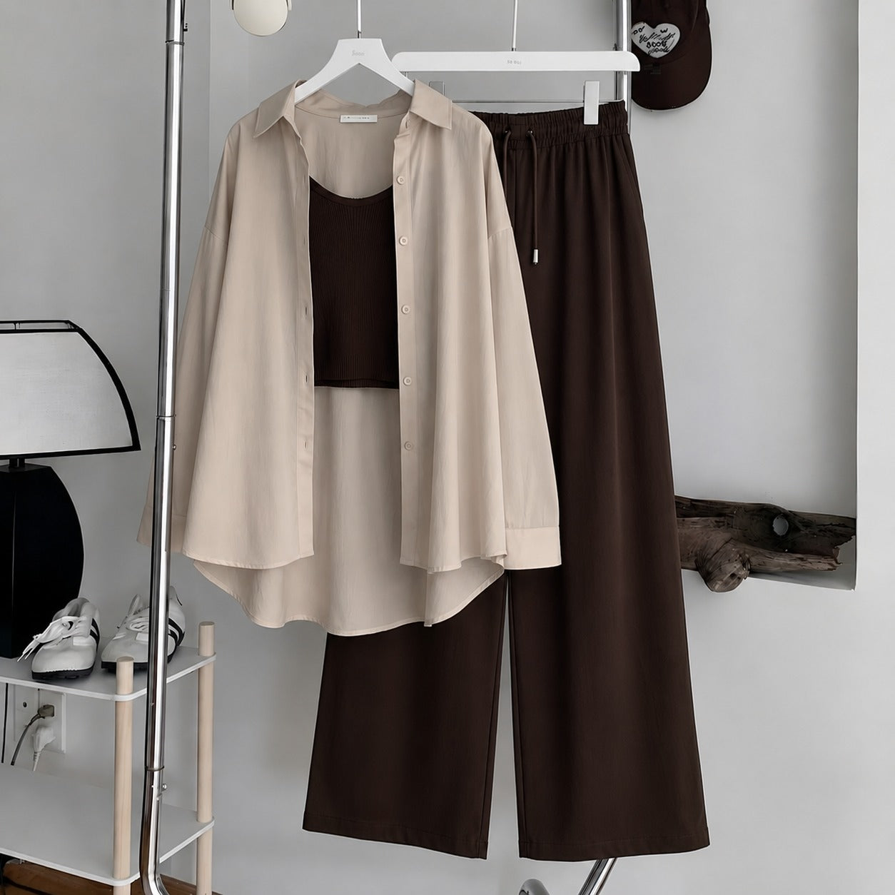 Beige Button Down ,Brown Inner & Brown Flapper Trouser