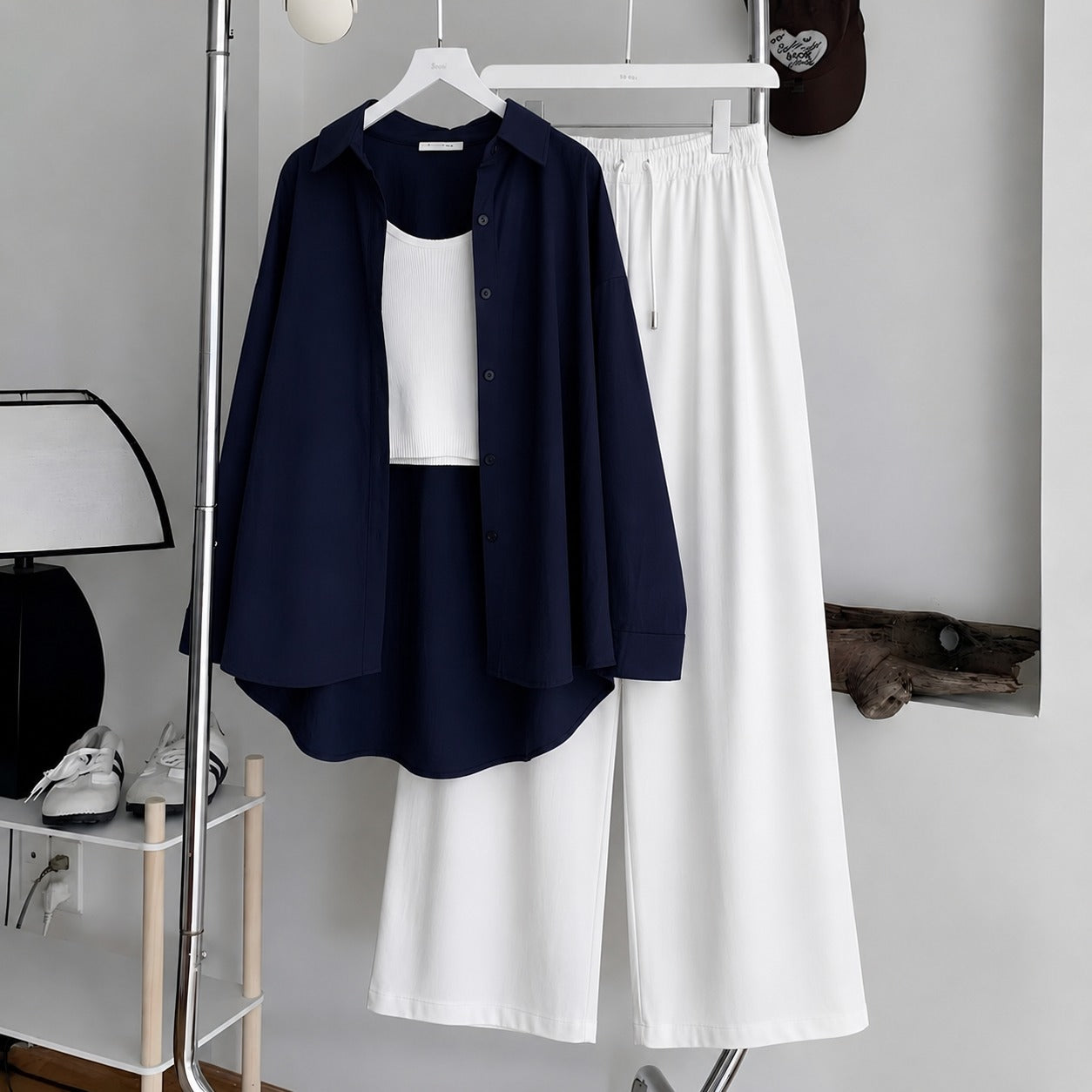 Navy-Blue Button Down , White Inner & White Flapper Trouser