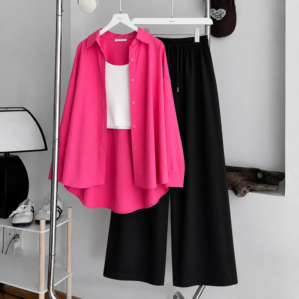 Hot-Pink Button Down ,White Inner & Black Flapper Trouser