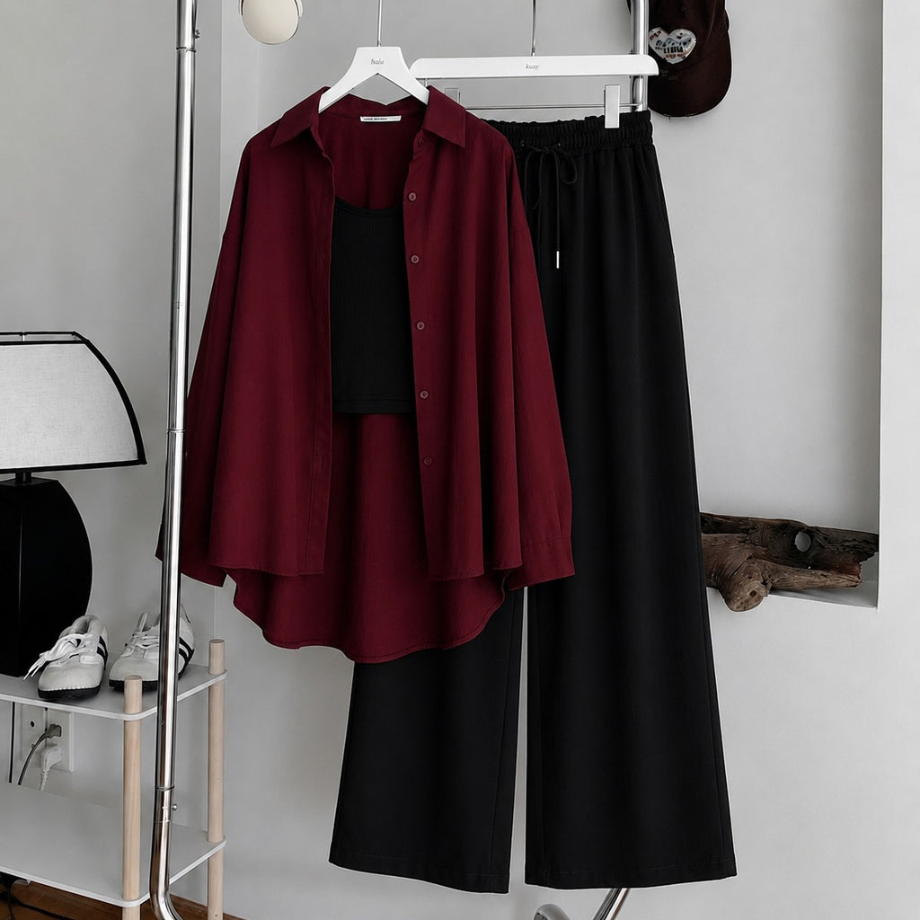 Maroon Button Down , Black Inner & Black Flapper Trouser
