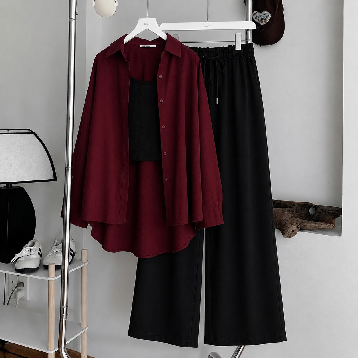 Maroon Button Down , Black Inner & Black Flapper Trouser