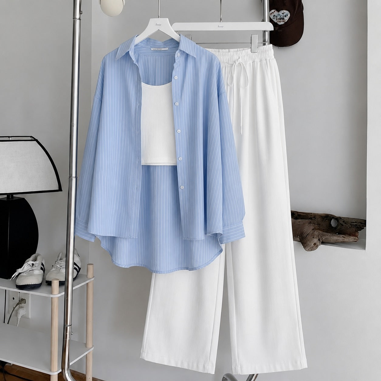 Sky-Blue Button Down , White Inner & White Flapper Trouser