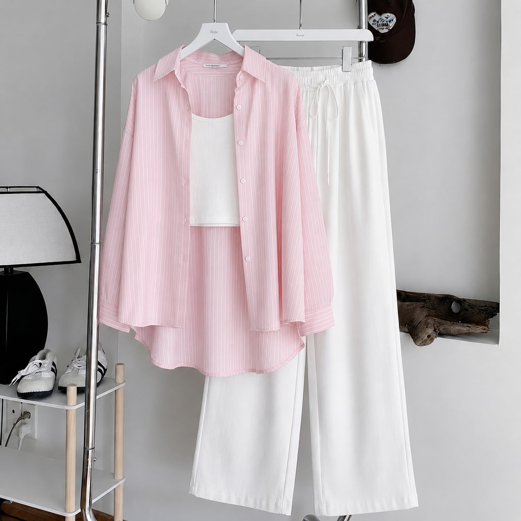 Baby-Pink Striped Button Down ,White Inner & White Flapper Trouser