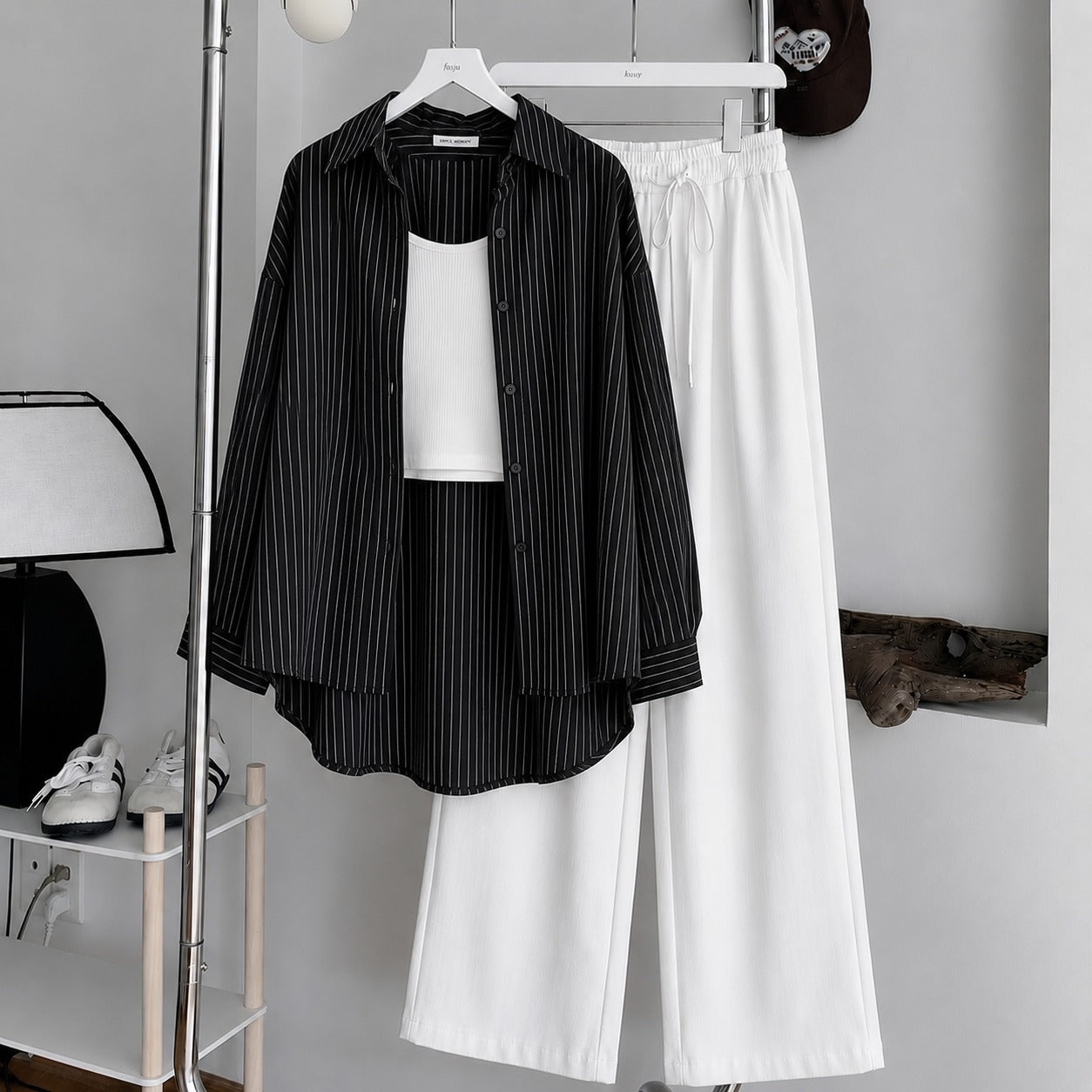 Black Striped Button Down , White Inner & White Flapper Trouser