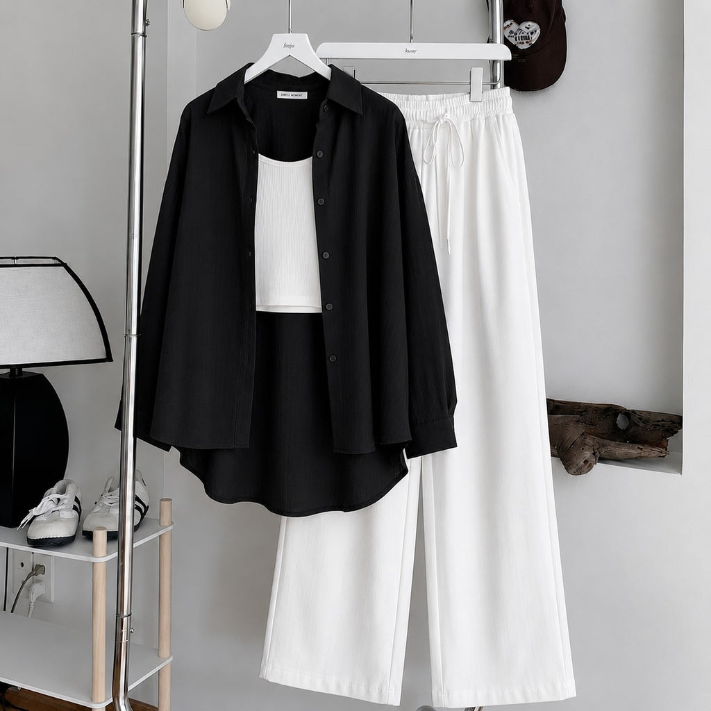 Black Button Down ,White Inner & White Flapper Trouser