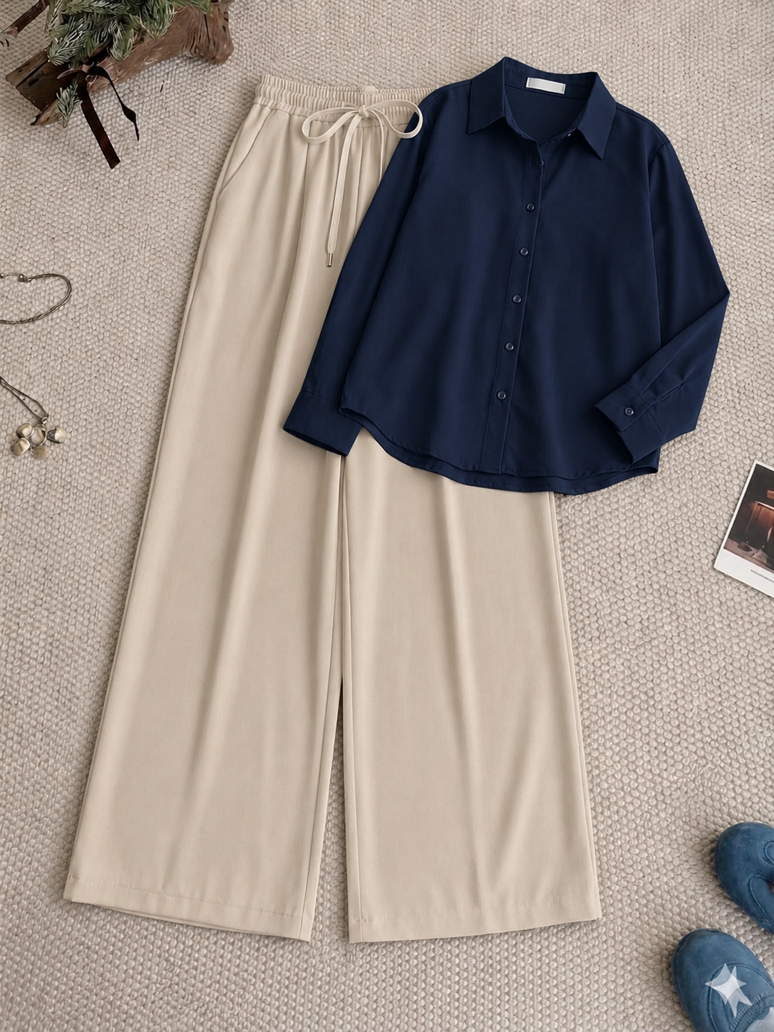 Navy-Blue Button Down Shirt & Beige Flapper Trouser