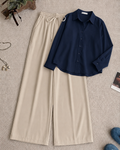 Navy-Blue Button Down Shirt & Beige Flapper Trouser