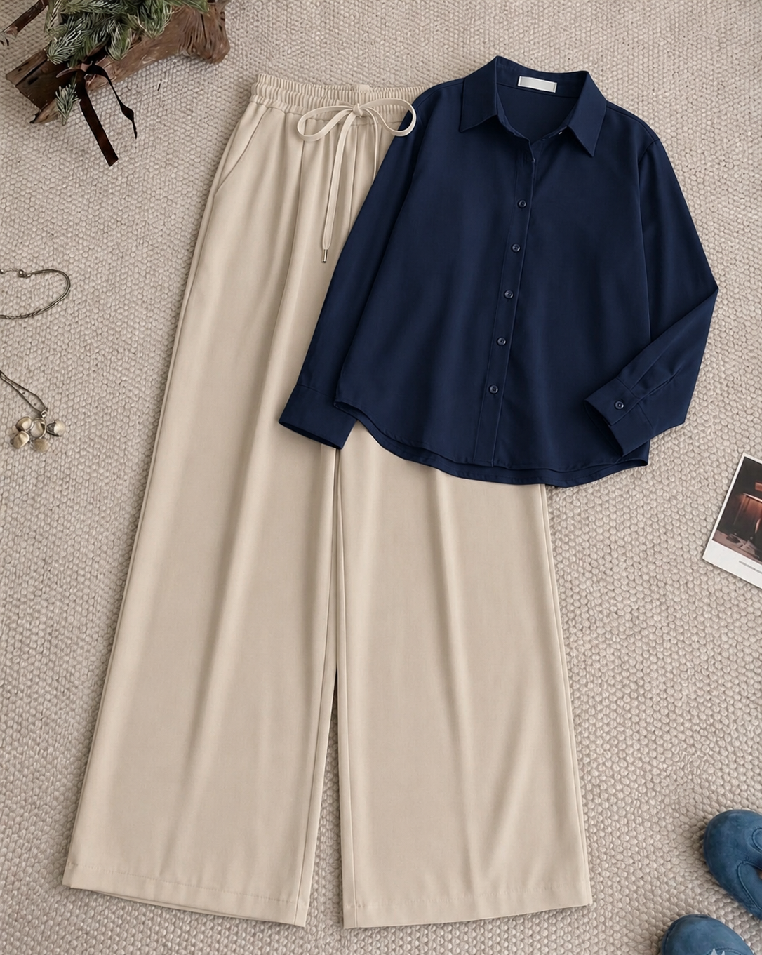 Navy-Blue Button Down Shirt & Beige Flapper Trouser