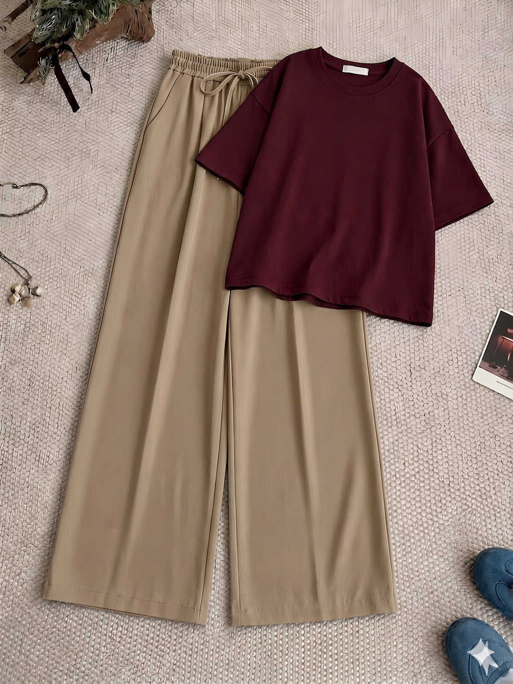 Maroon Drop T-shirt With Beige Flapper Trouser