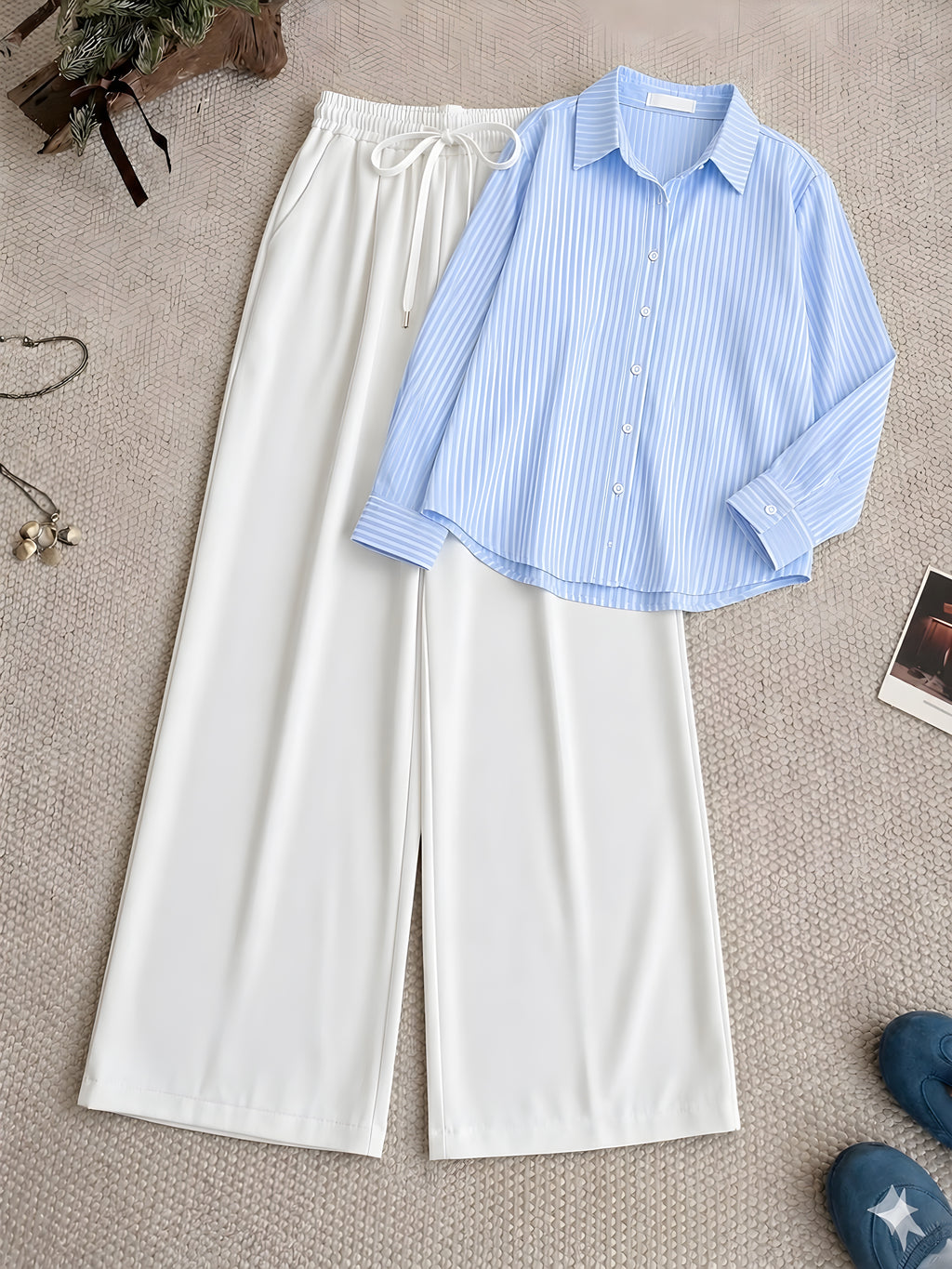 Blue Striped Button Down Shirt & White Flapper Trouser
