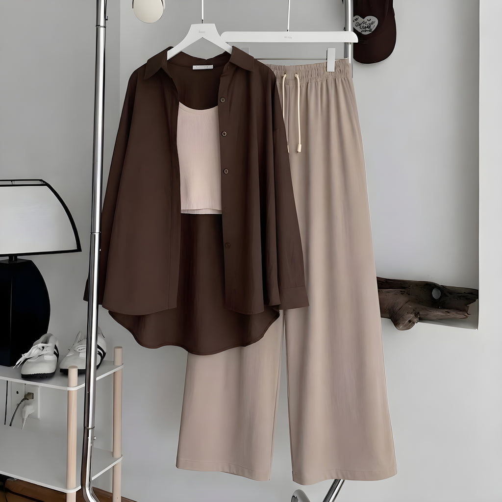 Brown Button Down ,Beige Inner & Beige Flapper Trouser