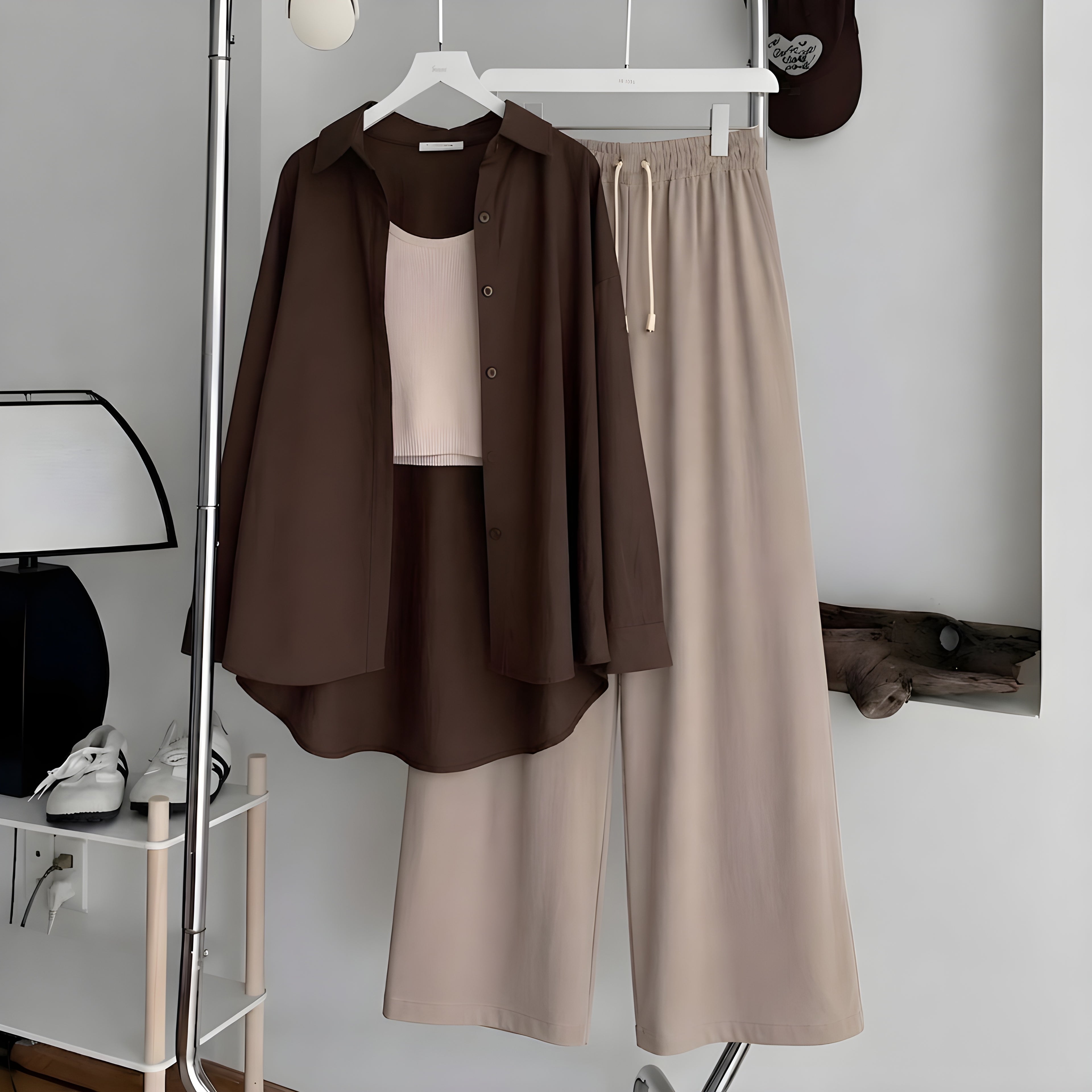 Brown Button Down ,Beige Inner & Beige Flapper Trouser