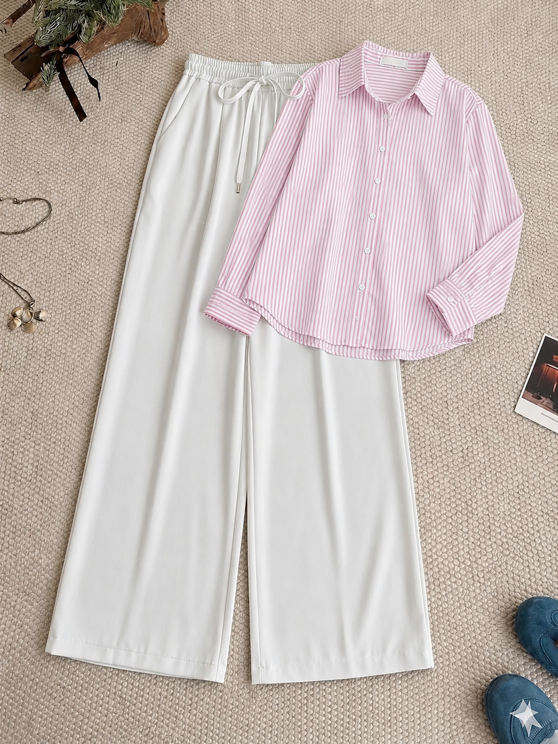 Baby Pink Striped Button Down Shirt & White Flapper Trouser