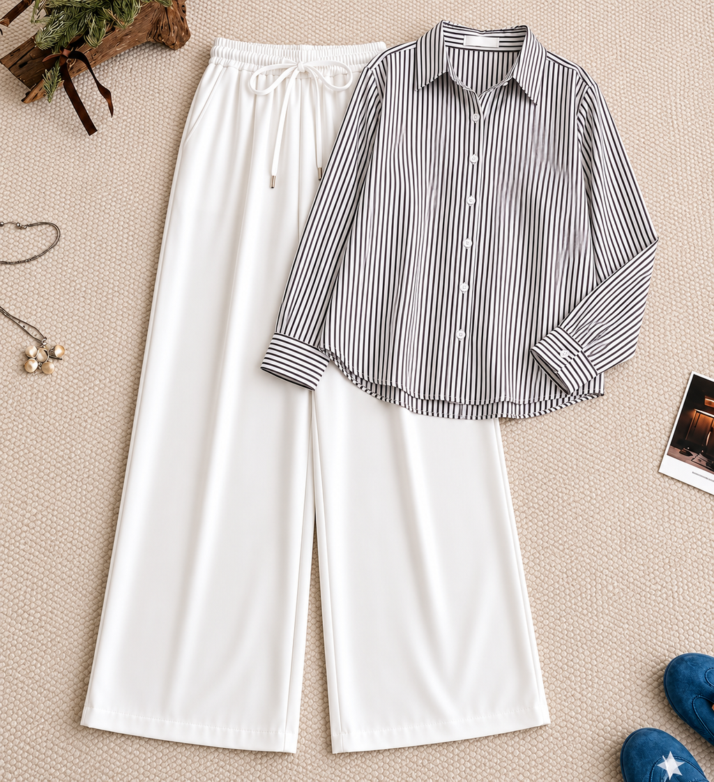 Black Striped Button Down Shirt & White Flapper Trouser