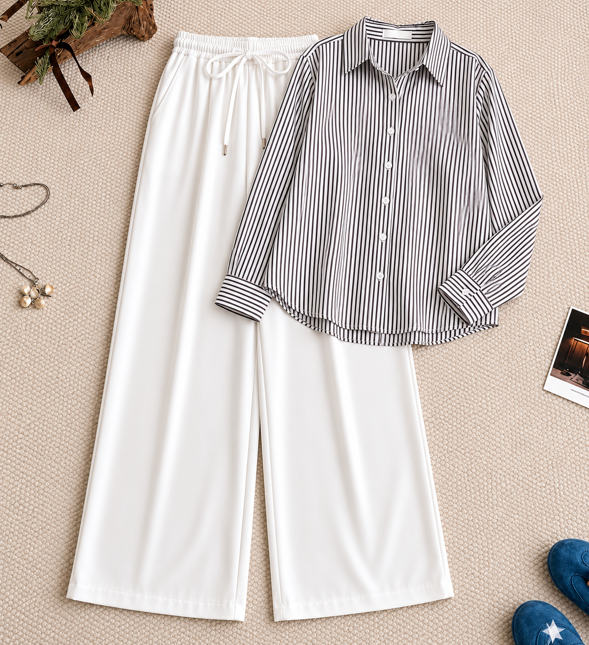 Black Striped Button Down Shirt & White Flapper Trouser