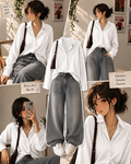White Striped Button-Down Shirt With Grey Vintage Wide Leg Jeans