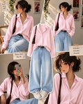Baby-Pink Button-Down Shirt With Ice-Blue Vintage Wide Leg Jeans