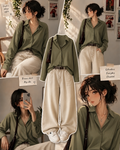 Olive-Green Button Down Shirt With Beige Wide Leg Jeans