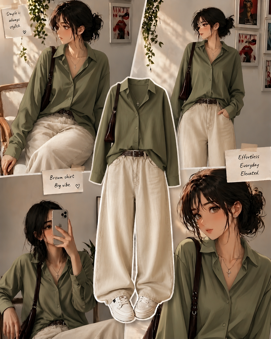 Olive-Green Button Down Shirt With Beige Wide Leg Jeans