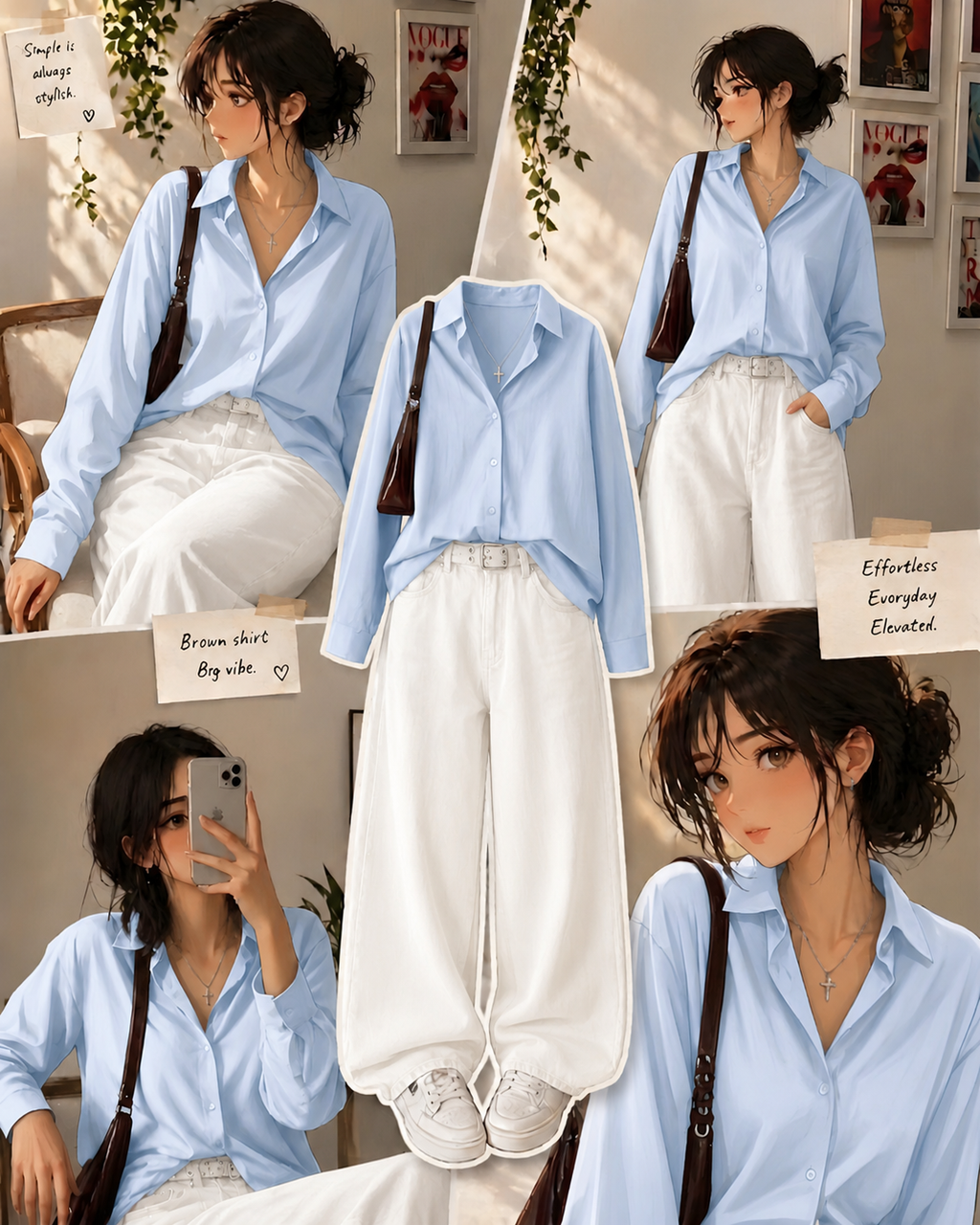Sky-Blue Button Down Shirt With White Wide Leg Jeans