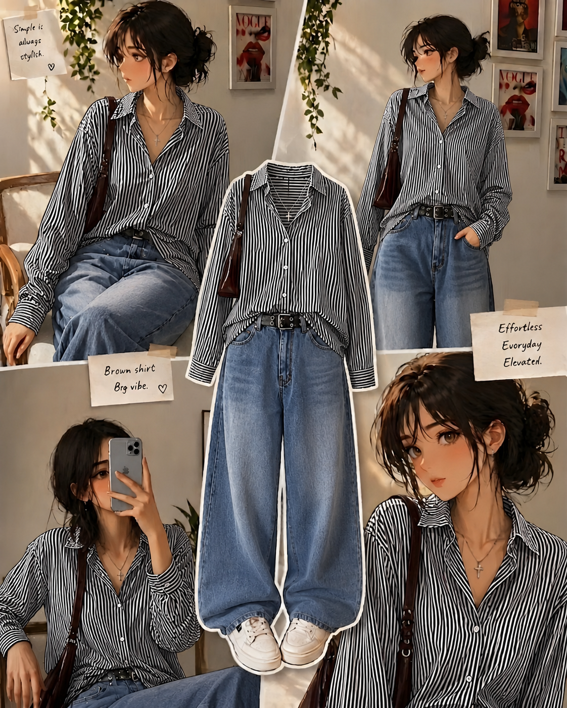 Black Striped Button-Down Shirt With Mid-Blue Vintage Wide Leg Jeans