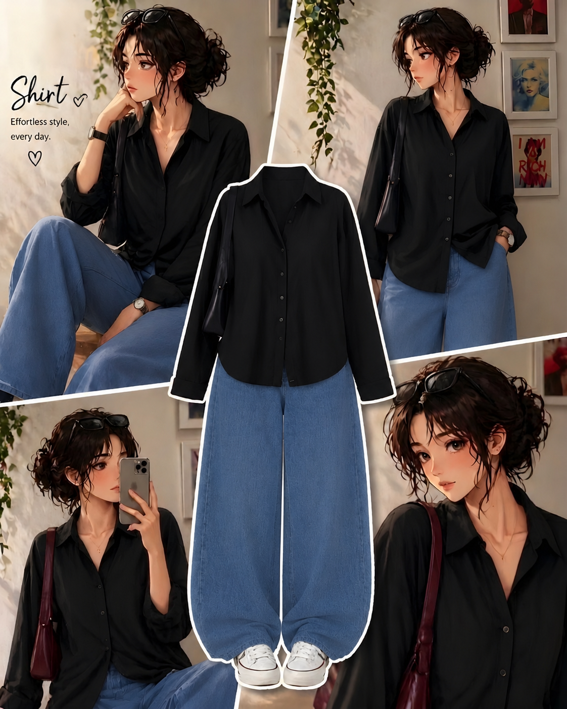 Black Button Down Shirt With Mid-Blue Wide Leg Jeans
