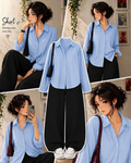Sky-Blue Button Down Shirt With Black Wide Leg Jeans