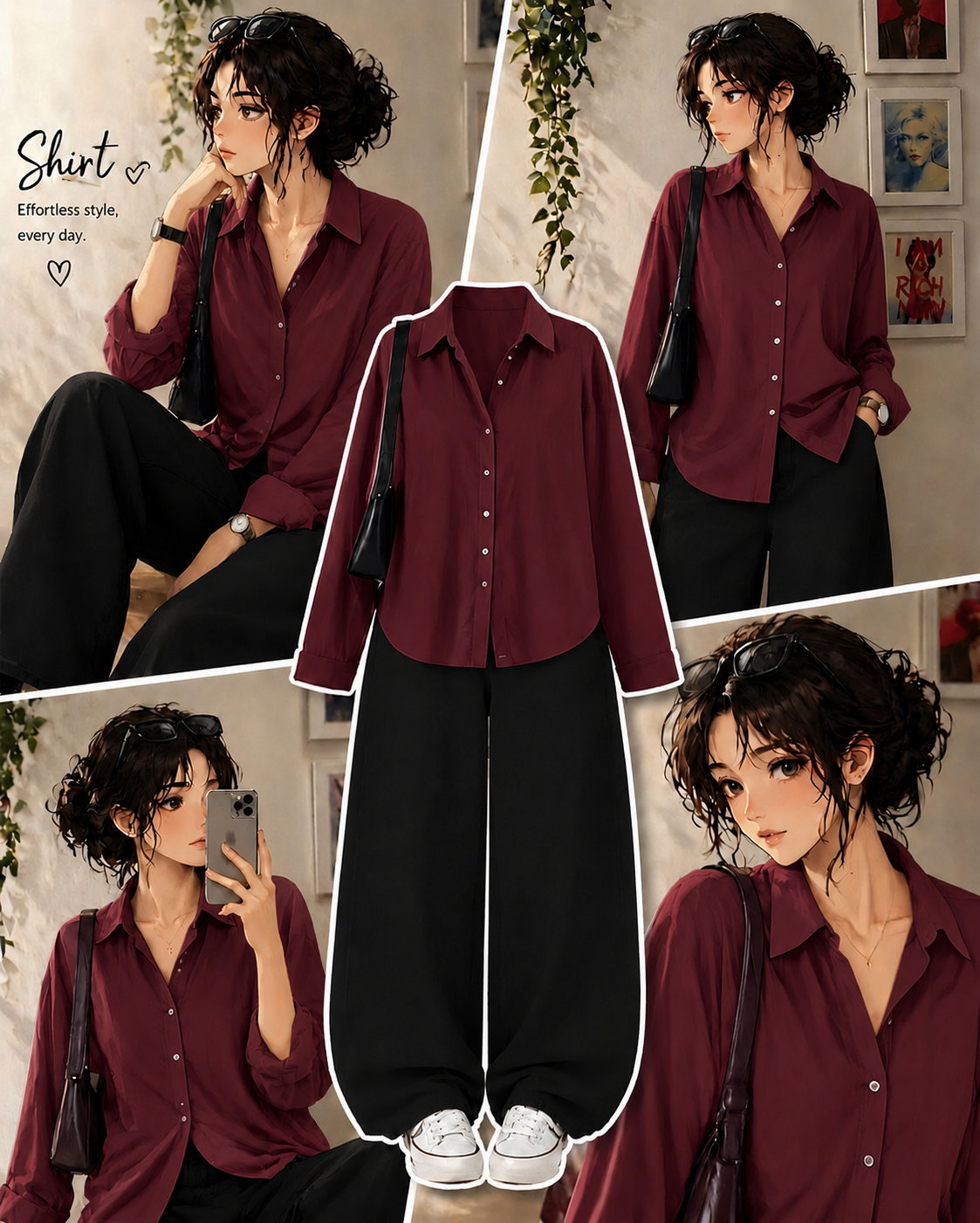 Maroon Button Down Shirt With Black Wide Leg Jeans