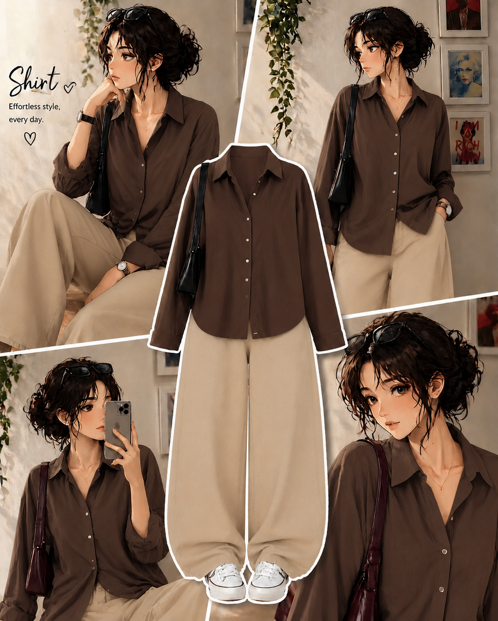Brown Button Down Shirt With Beige Wide Leg Jeans