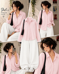 Baby-Pink Button Down Shirt With White Wide Leg Jeans