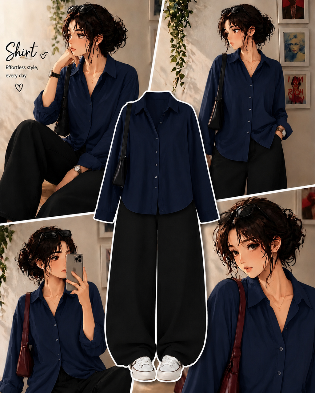Navy-Blue Button Down Shirt With Black Wide Leg Jeans