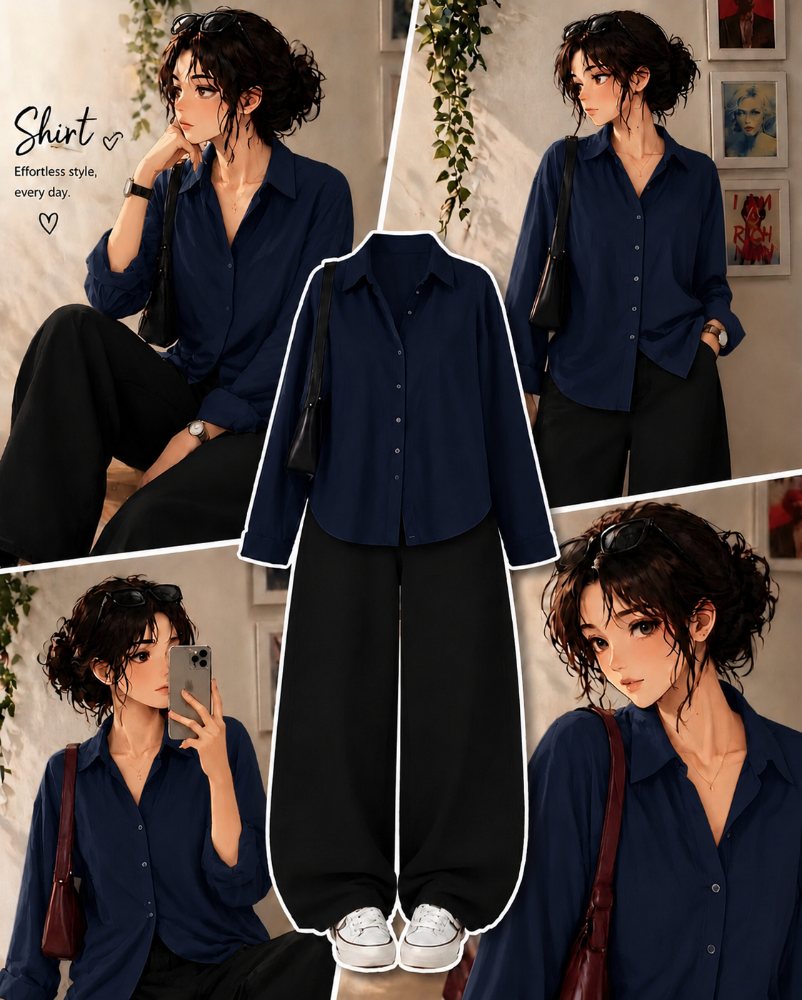Navy-Blue Button Down Shirt With Black Wide Leg Jeans