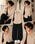 Beige Button Down Shirt With Black Wide Leg Jeans