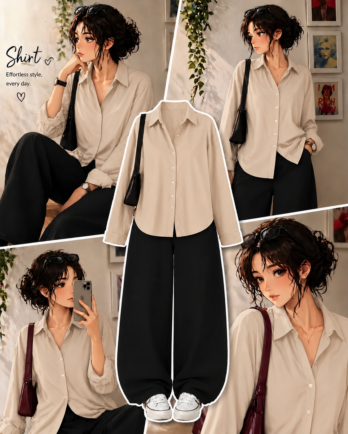 Beige Button Down Shirt With Black Wide Leg Jeans