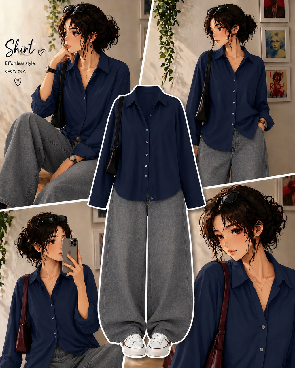 Navy-Blue Button Down Shirt With Grey Wide Leg Jeans