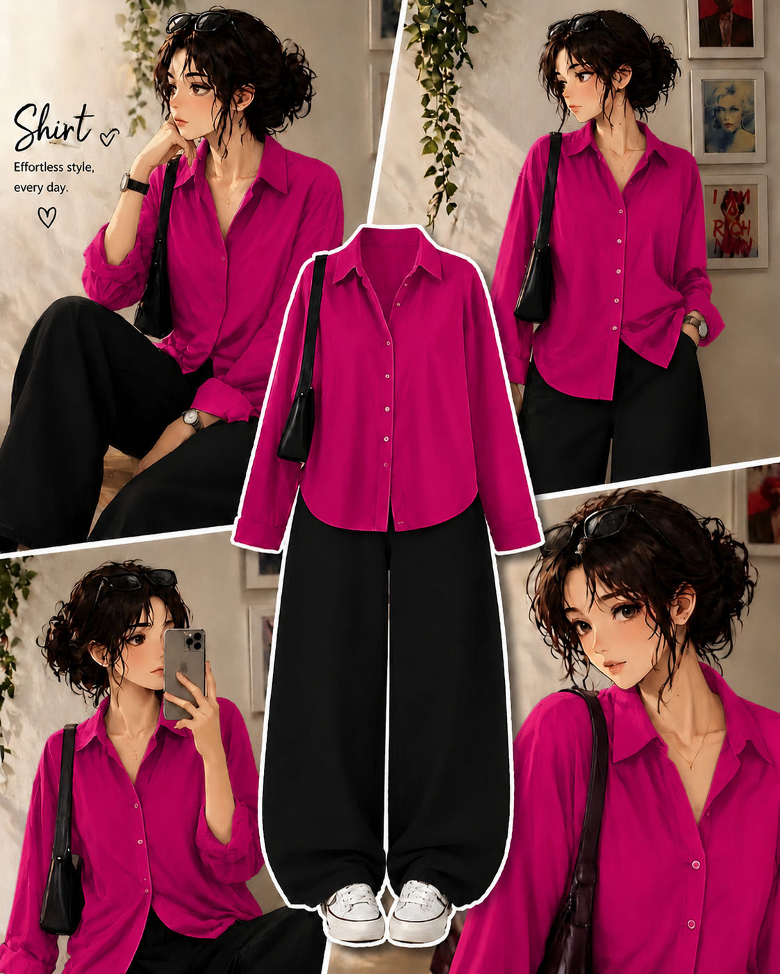 Hot-Pink Button Down Shirt With Black Wide Leg Jeans