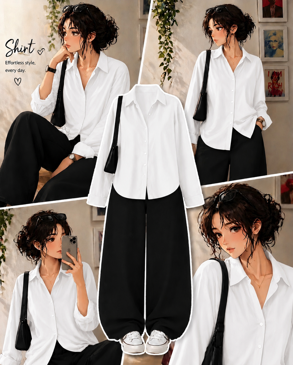 White Button Down Shirt With Black Wide Leg Jeans