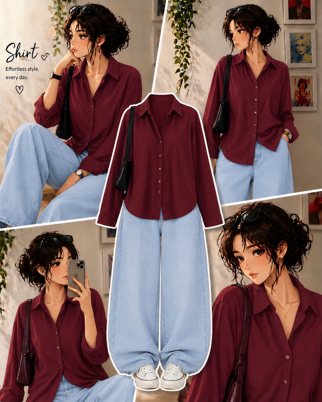 Maroon Button Down Shirt With Ice-Blue Wide Leg Jeans