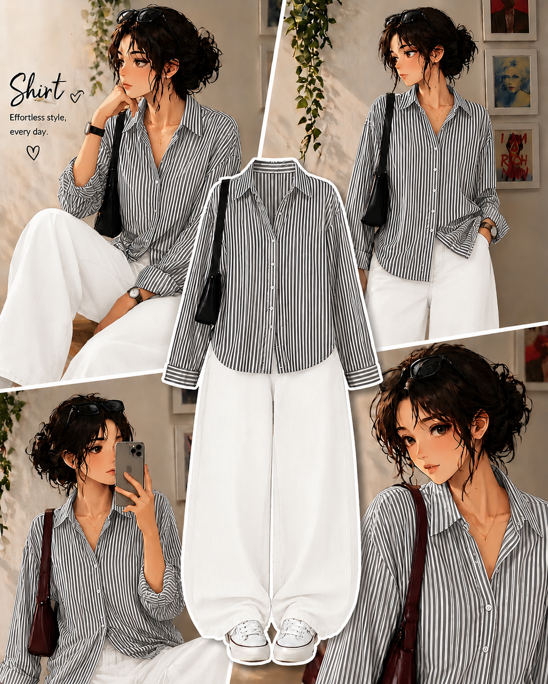 Black Striped Button Down Shirt With White Wide Leg Jeans