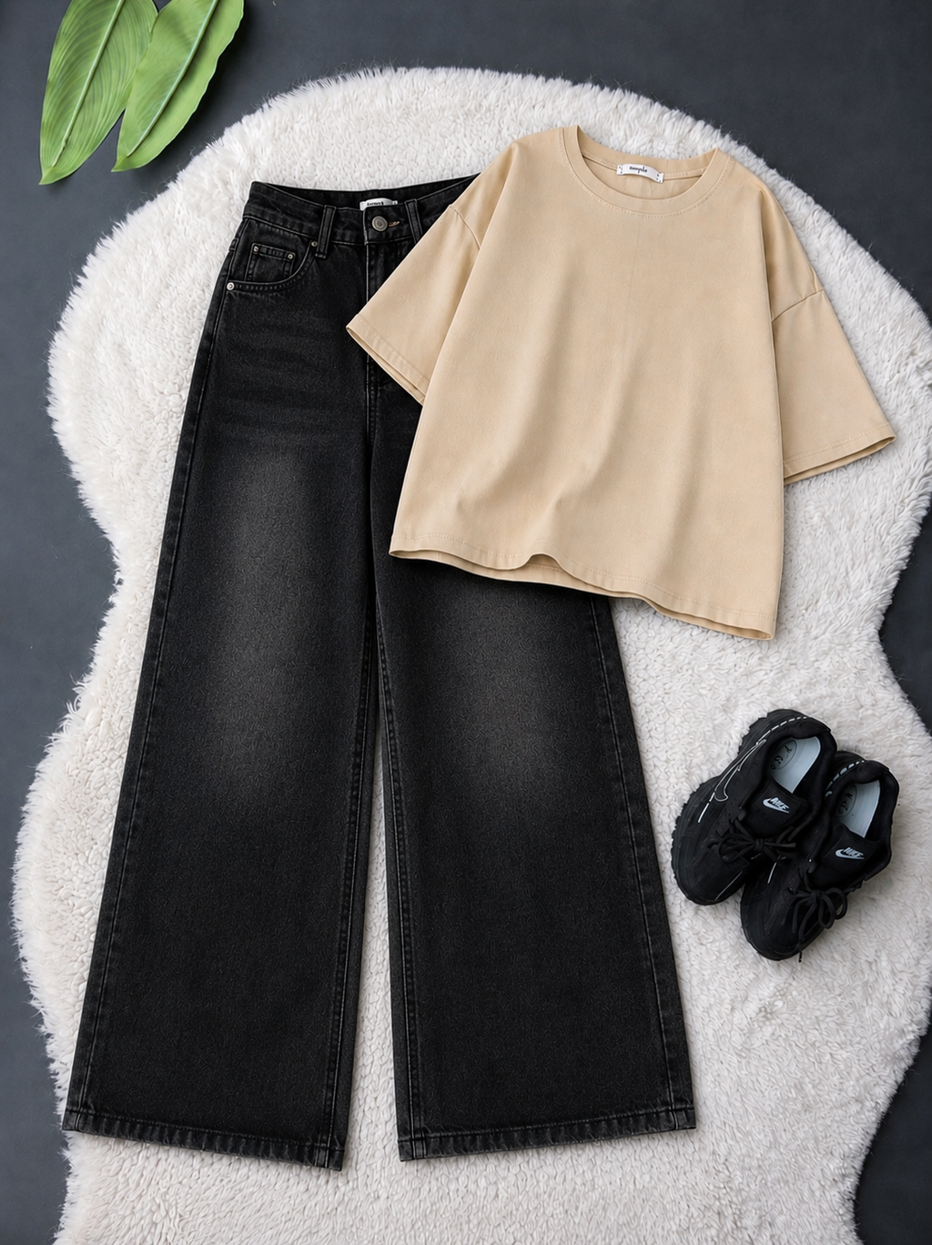 Beige Drop Shoulder With Black Vintage Wide Leg Jeans