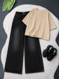 Beige Drop Shoulder With Black Vintage Wide Leg Jeans