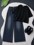 Black Drop Shoulder With Dark-Blue Vintage Wide Leg Jeans
