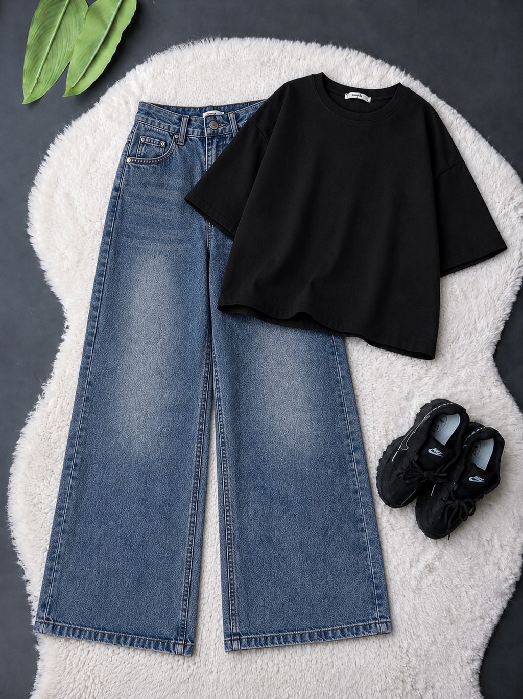 Black Drop Shoulder With Mid-Blue Vintage Wide Leg Jeans