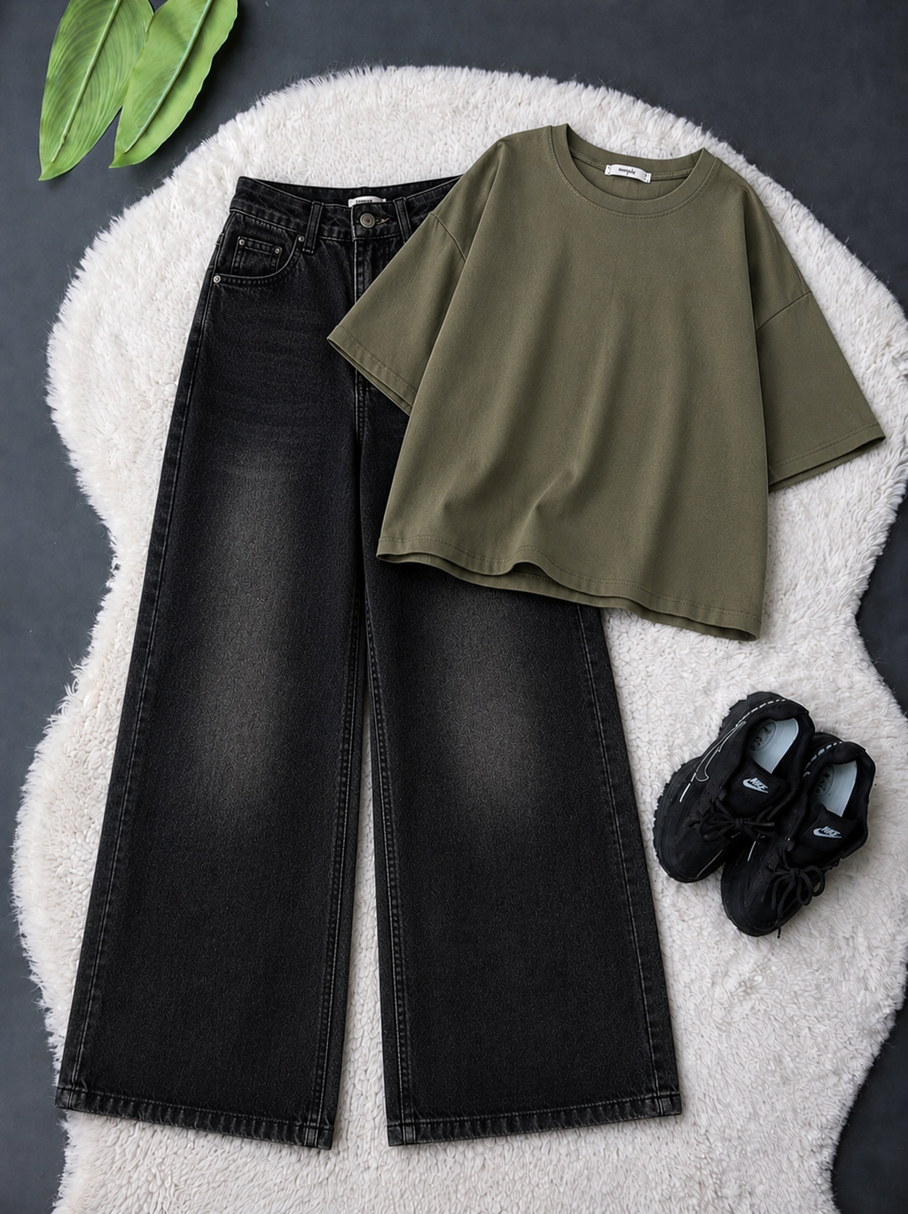 Olive-Green Drop Shoulder With Black Vintage Wide Leg Jeans