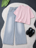 Baby-Pink Drop Shoulder With Vintage Wide Leg Jeans