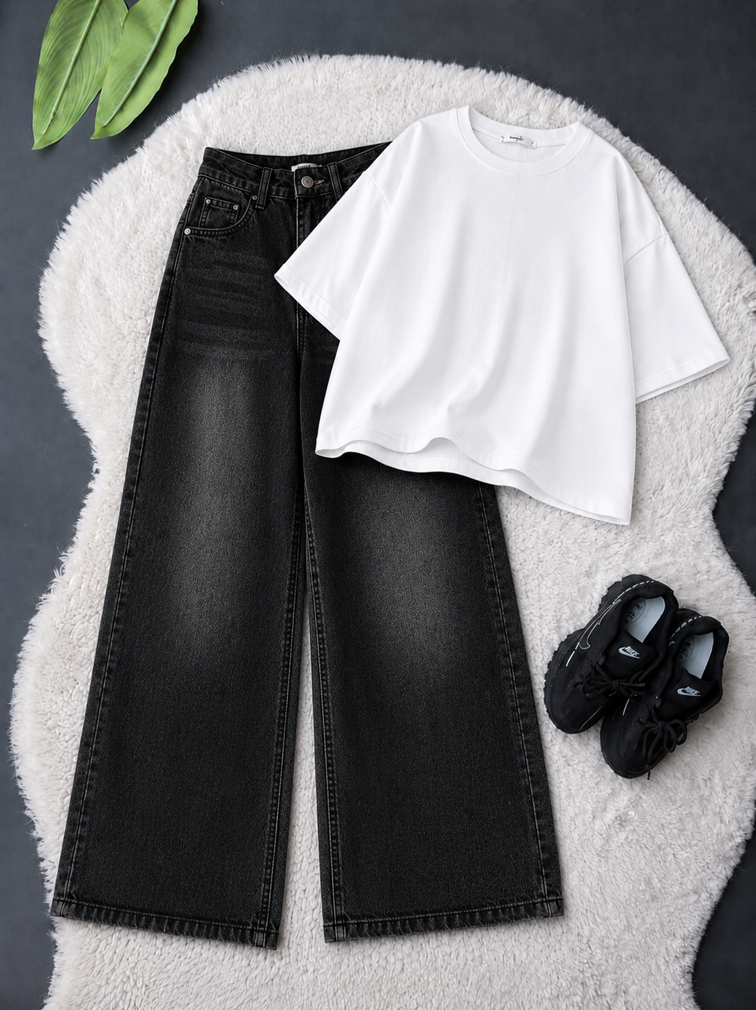 White Drop Shoulder With Black Vintage Wide Leg Jeans