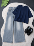 Navy-Blue Drop Shoulder With Sky-Blue Vintage Wide Leg Jeans