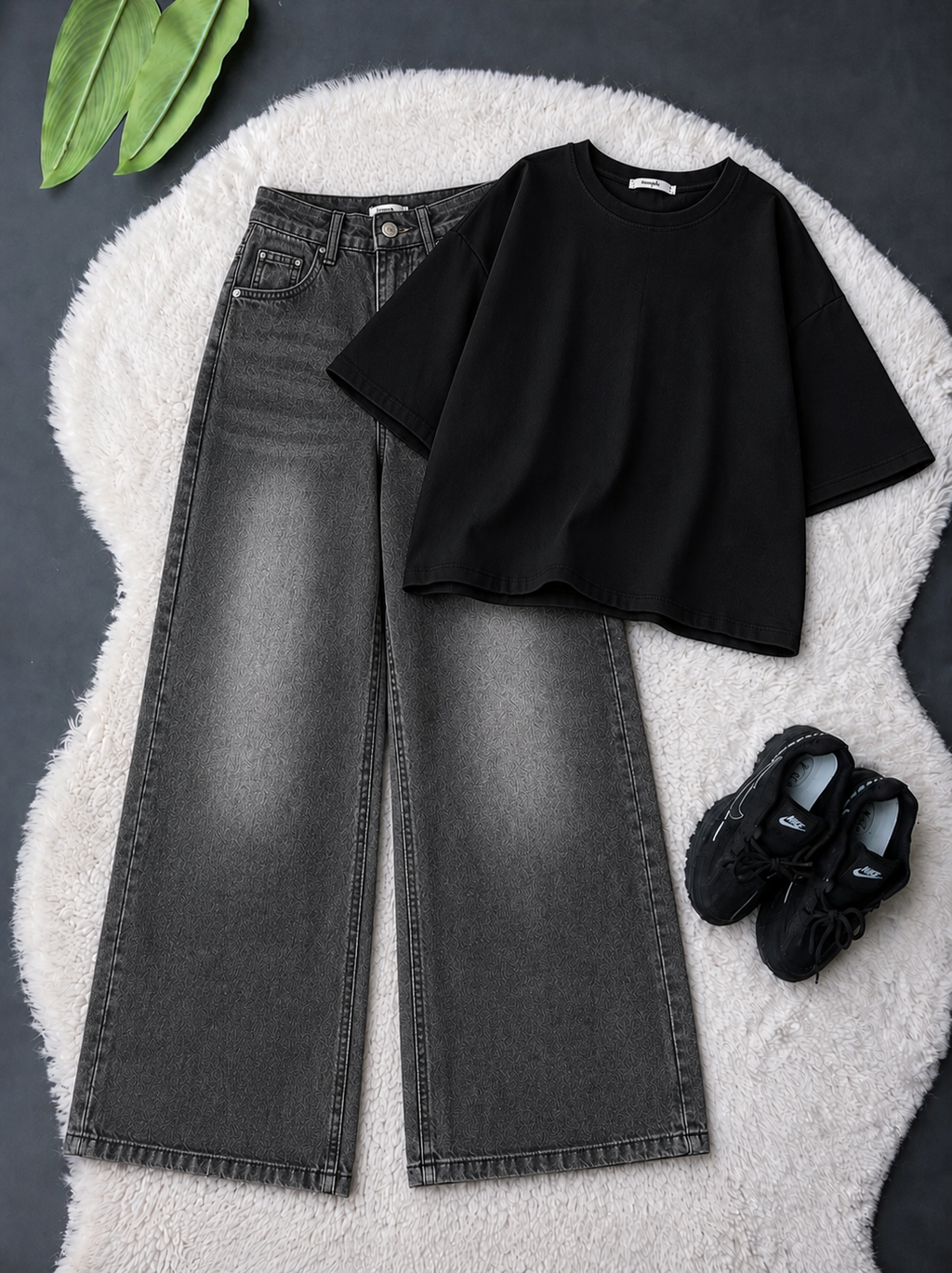 Black Drop Shoulder With Grey Vintage Wide Leg Jeans