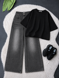Black Drop Shoulder With Grey Vintage Wide Leg Jeans