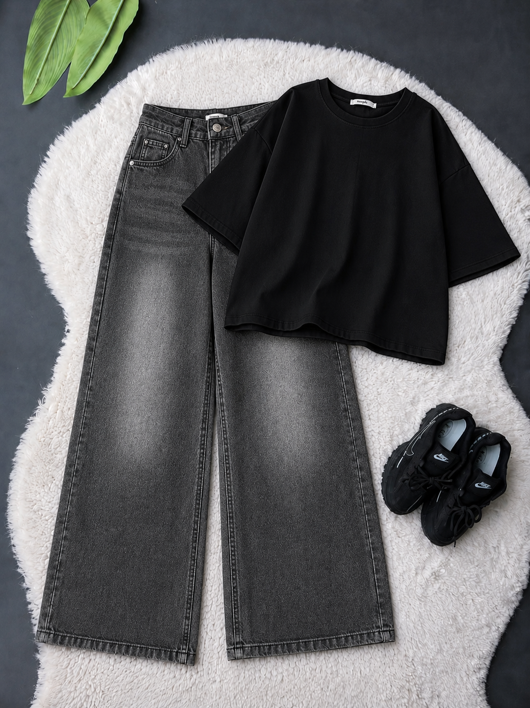 Black Drop Shoulder With Grey Vintage Wide Leg Jeans
